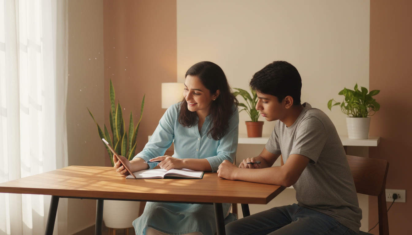 Photo Idea : a tutor explaining a problem to a student using a notebook and tablet, showing focused one-on-one guidance