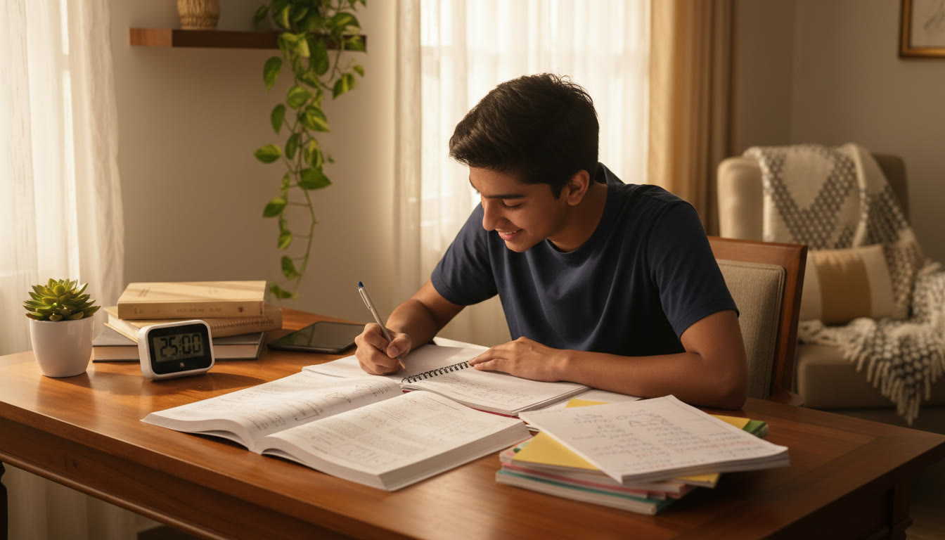 Photo Idea : A focused student at a desk solving physics problems with a timer and organized notes