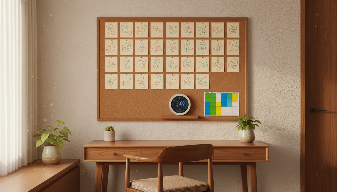 Photo Idea : A neat revision wall with pinned formula cards, a timer, and a calendar with colored study blocks