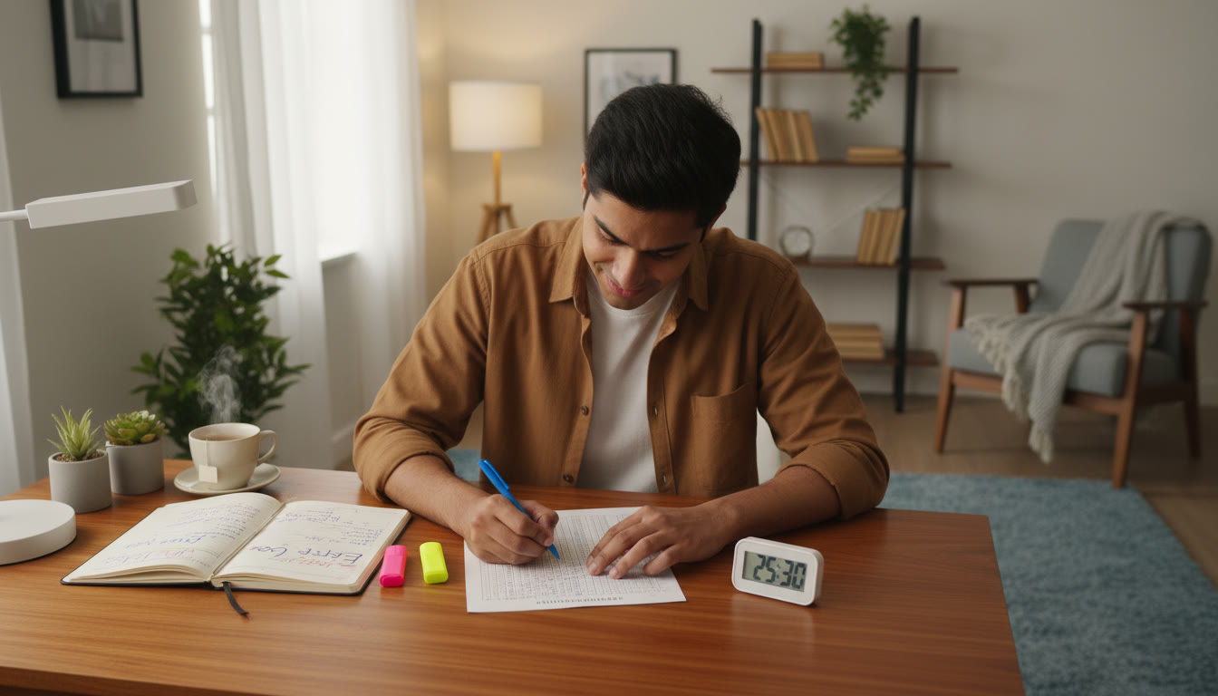 Photo Idea : A student marking answers on a mock OMR sheet under a timer, with a neat error-log notebook beside them.