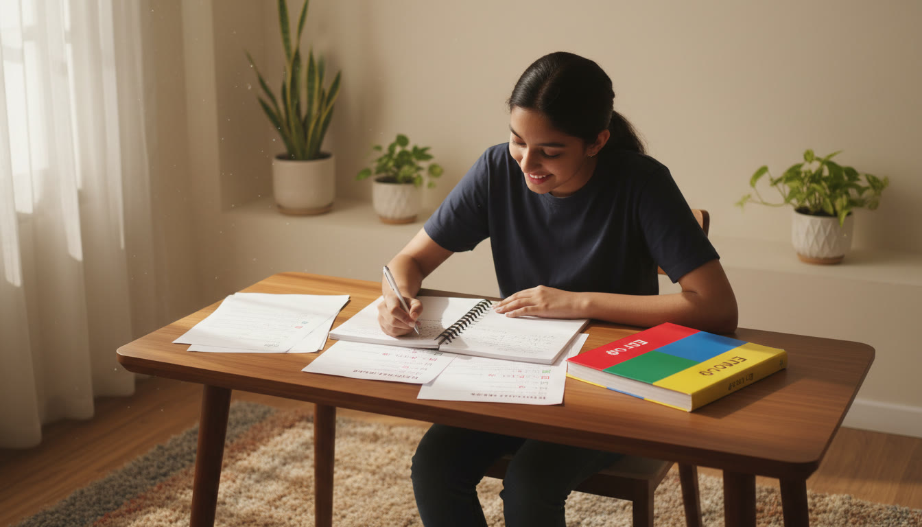 Photo Idea : Student reviewing mock test answers at a desk with colourful error log and open notebook