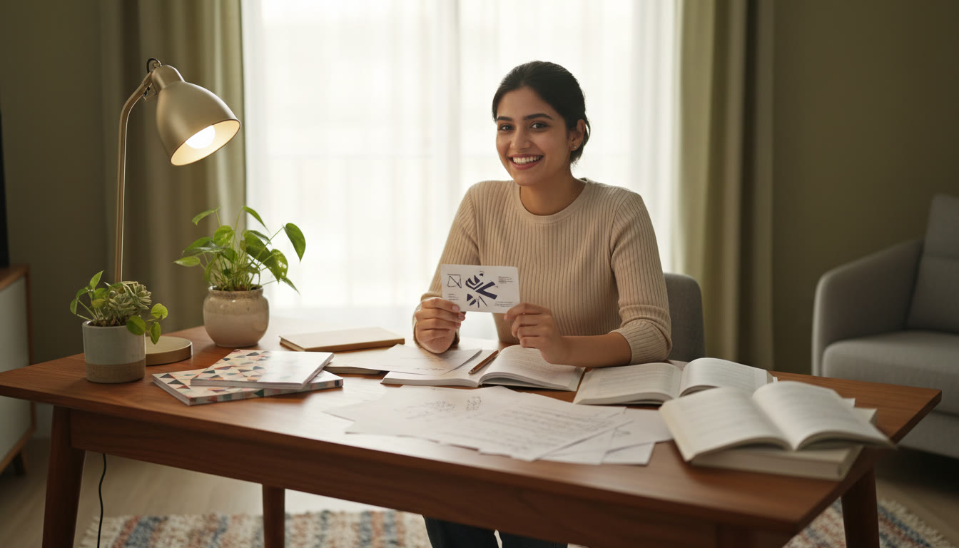 Photo Idea : Student smiling with a NEET admit card and notes spread on a desk