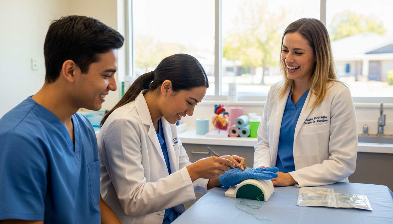 Photo Idea : A small group in a community clinic setting, one student carefully practicing suturing on a glove