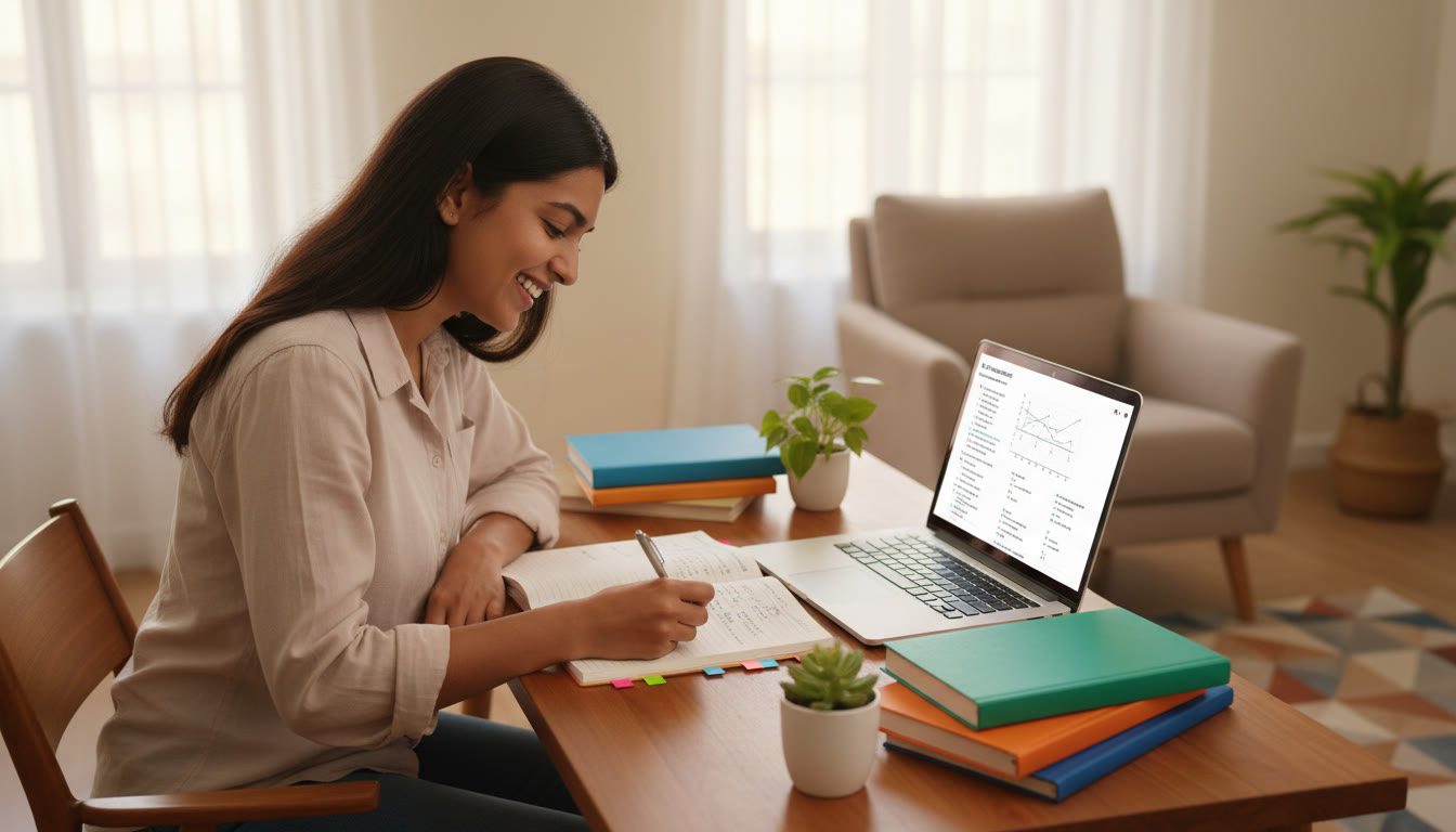 Photo Idea : student studying at a tidy desk with textbooks, a laptop showing a mock test and a notebook with colorful tabs