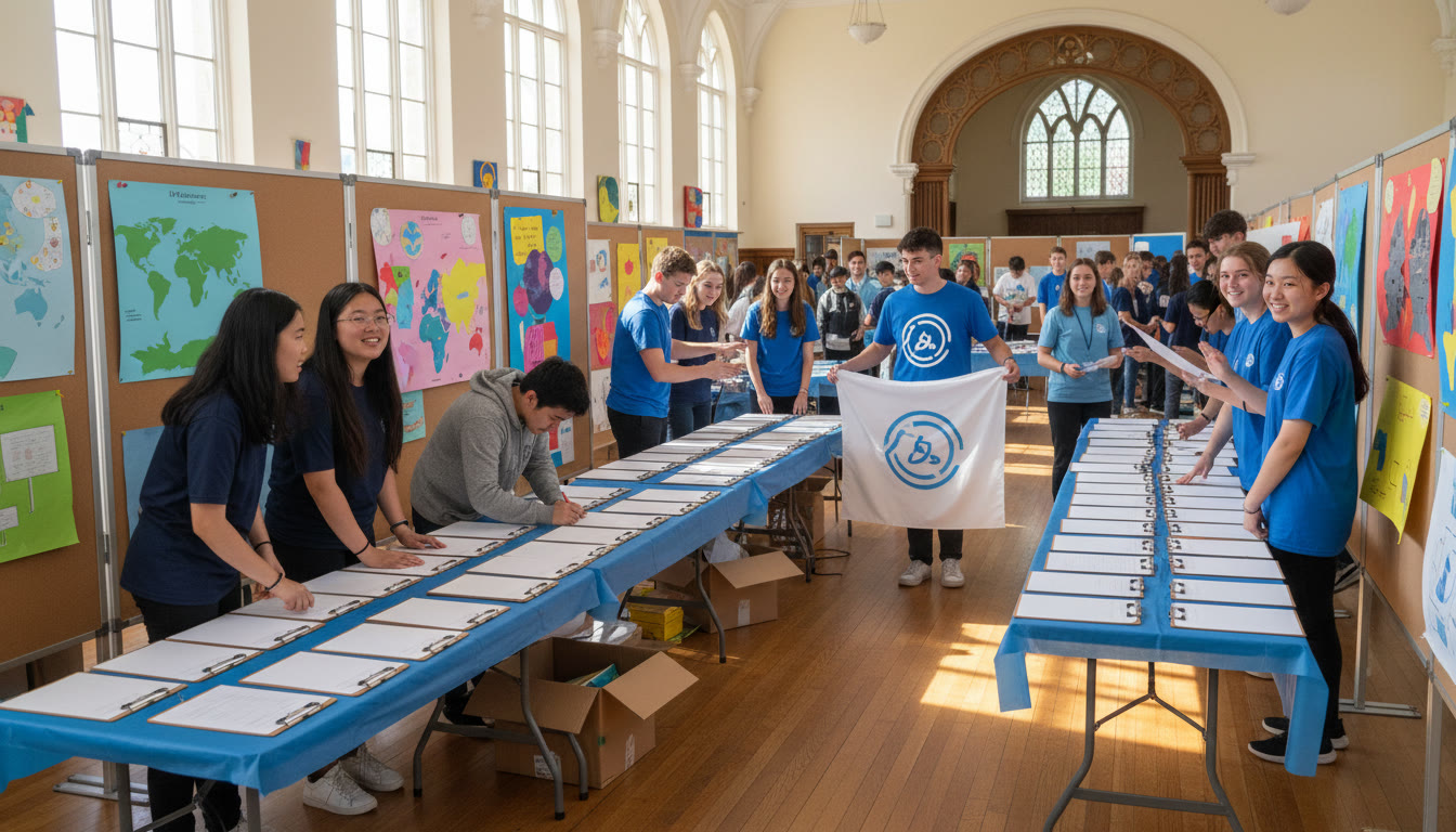 Photo Idea : Students in a school hall arranging clipboards and posters while preparing for an inter-school MUN outreach day