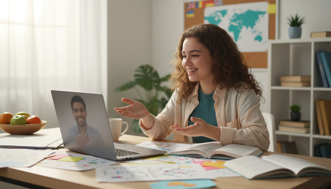 Photo Idea : A student studying with a tutor over a laptop, notes spread out