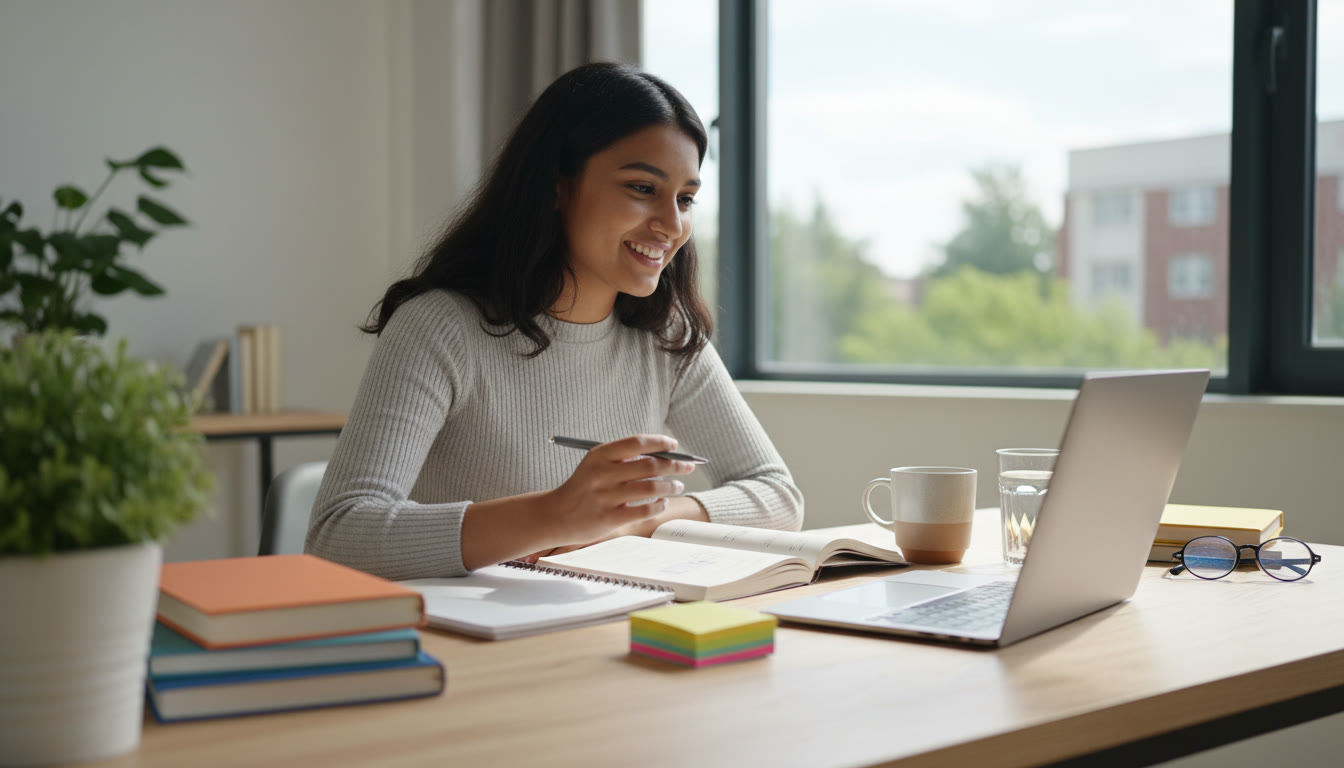 Photo Idea : student at a tidy desk with textbooks, laptop, and sticky notes, mid-study