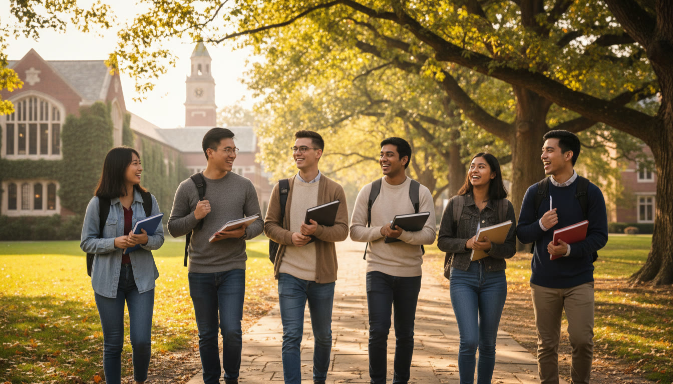 Photo Idea : A group of diverse IB students walking on a leafy university campus holding laptops and notebooks