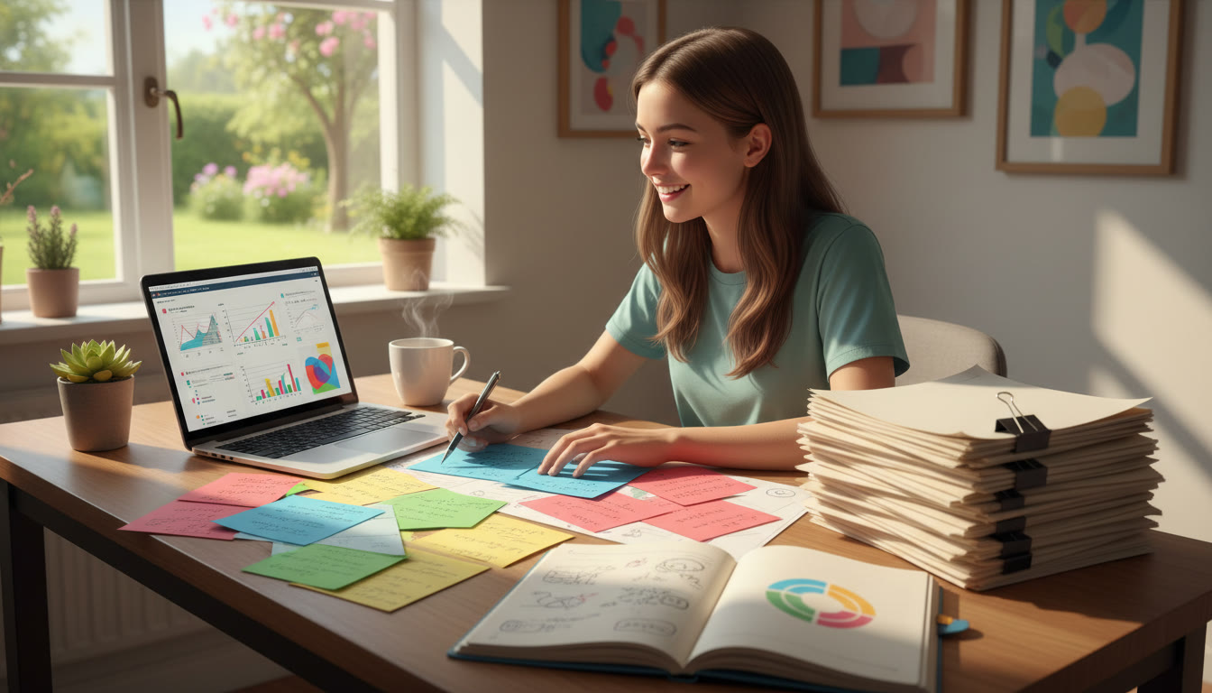 Photo Idea : A student at a desk with colour-coded notes, a laptop, and a stack of past papers