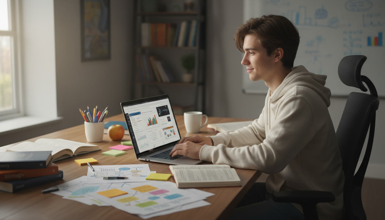 Photo Idea : Student working at a desk surrounded by research notes and a laptop, natural light, thoughtful expression