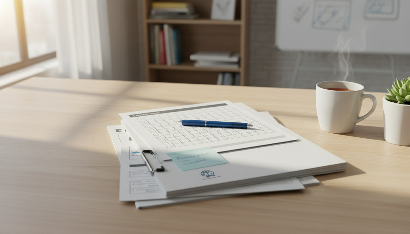 Photo Idea : neat desk with checklist, CV, and a printed recommendation pack ready to hand to a teacher