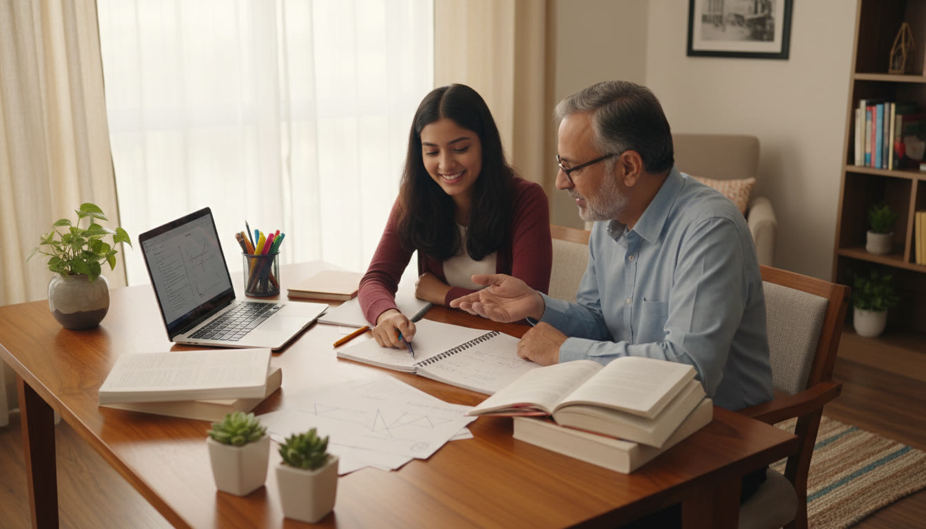 Photo Idea : Student and tutor working at a desk with ISC notes and a laptop