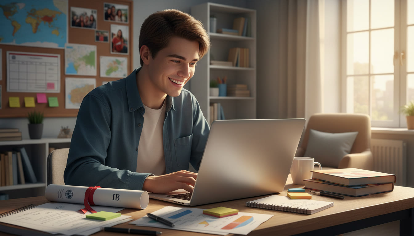 Photo Idea : Student checking university offer emails on a laptop beside an IB diploma and notes
