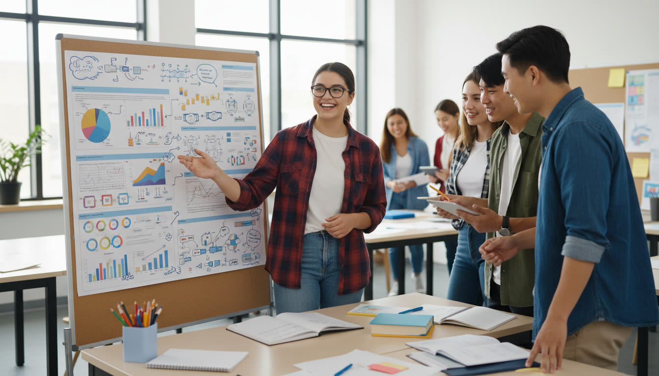 Photo Idea : Student presenting a research poster to peers in a classroom, with annotated notes visible