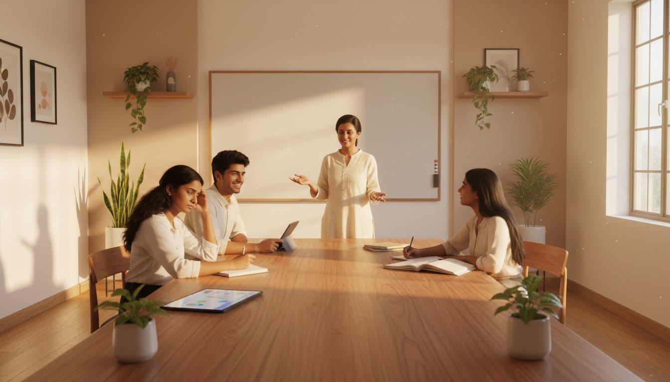 Photo Idea : A small group of students in a classroom, one student looking puzzled while the teacher addresses the whole class