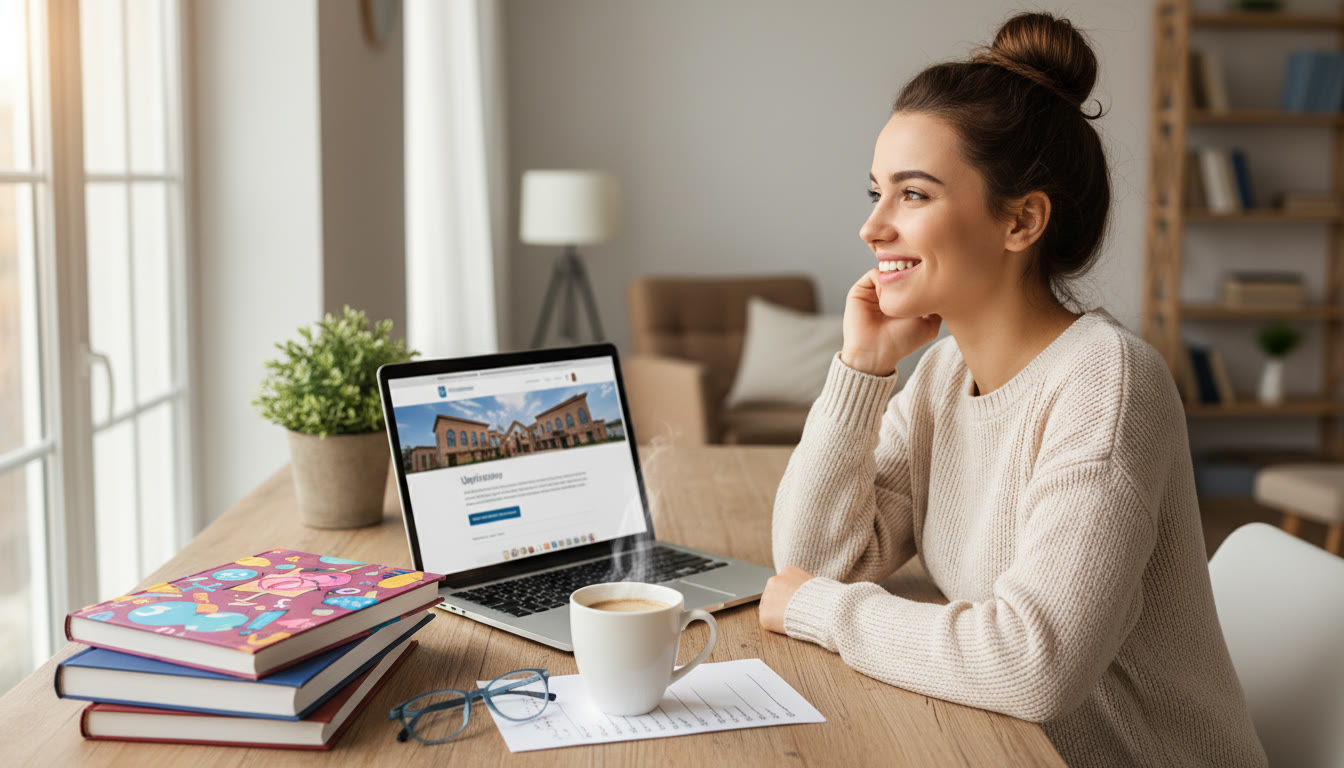 Photo Idea : student at a desk with IB books, a laptop open to a university page, and a shortlist printed beside a cup of coffee