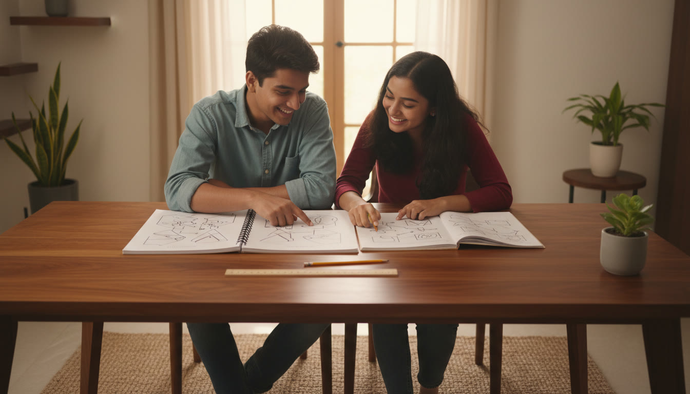 Photo Idea : Two students comparing labelled diagrams in a study notebook, with a ruler and sharpened pencil between them