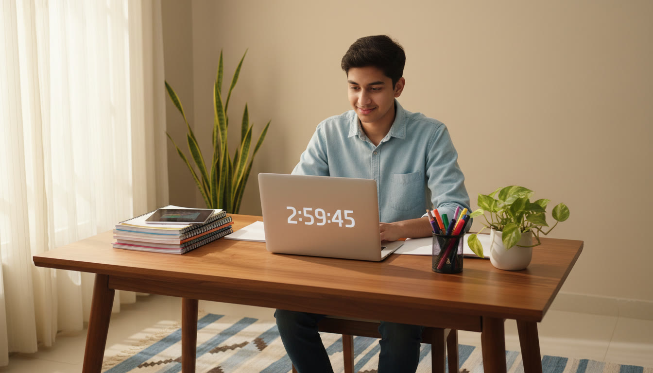 Photo Idea : A focused student at a desk with a 3-hour mock test timer on a laptop and organized notes
