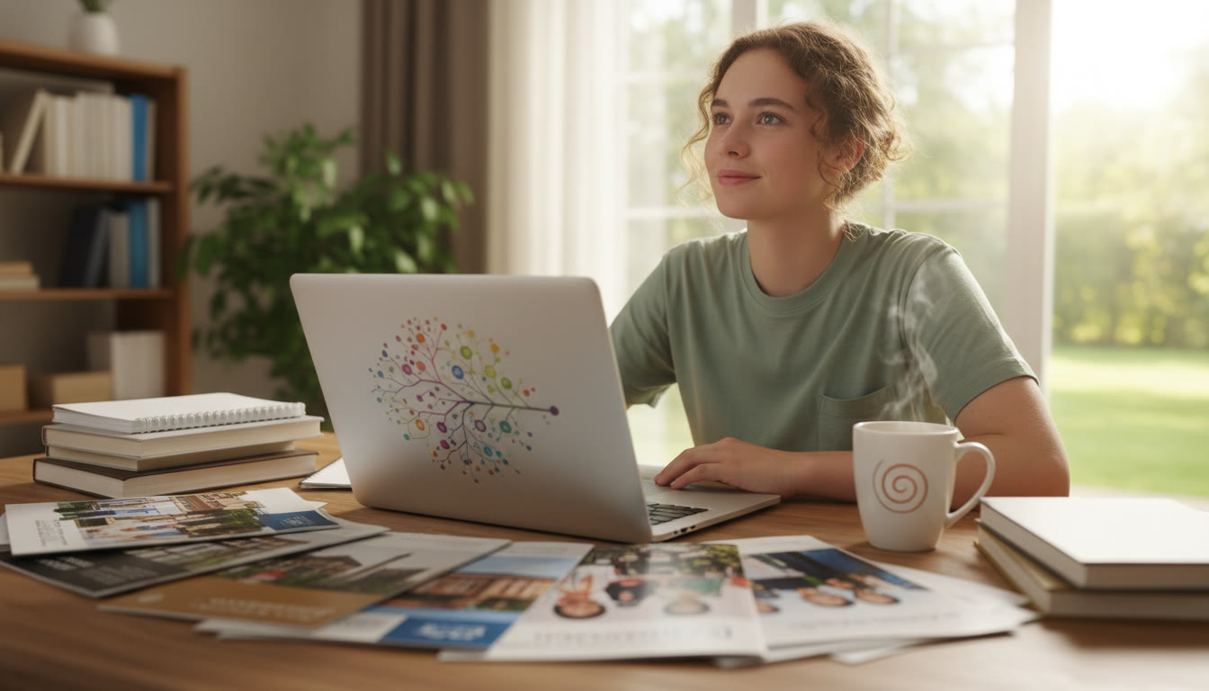 Photo Idea : An IB student at a desk with an open laptop, college brochures spread out, and a coffee mug, looking thoughtful