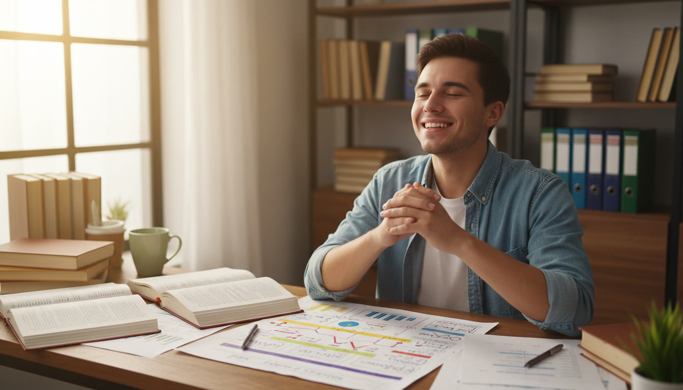 Photo Idea : a student at a desk surrounded by textbooks and notes, taking a deep breath and smiling as they revise a study plan