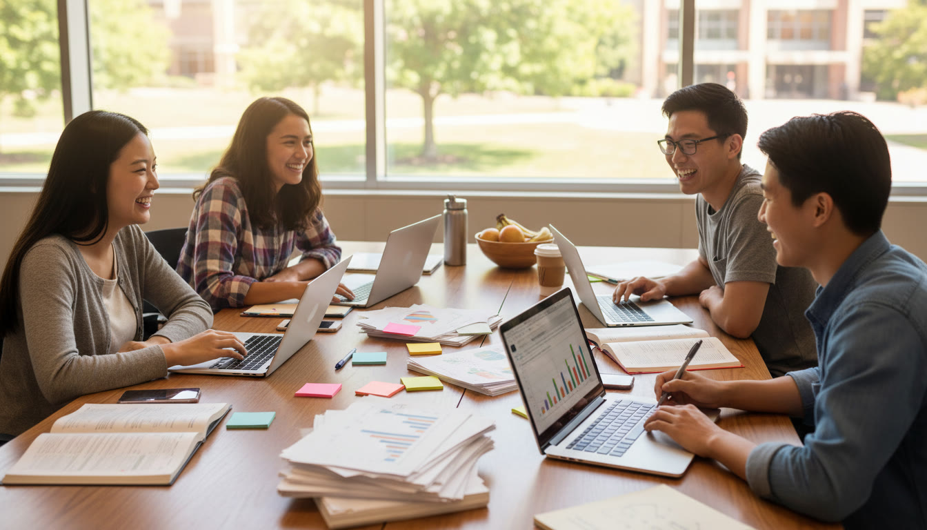 Photo Idea : A group study session around a table with laptops, sticky notes, and mock exam papers.