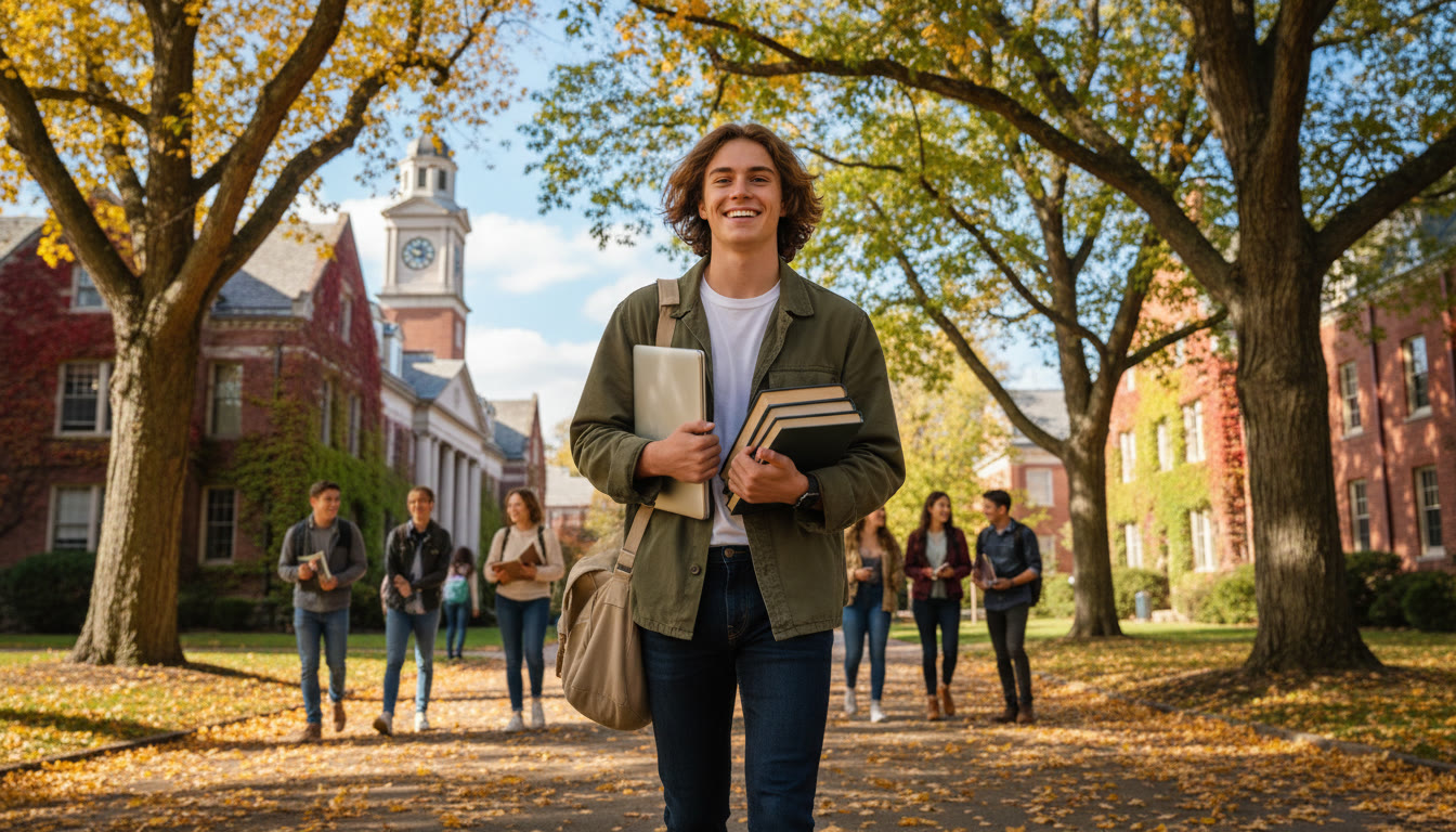 Photo Idea : Student walking across a leafy university campus with textbooks and a laptop