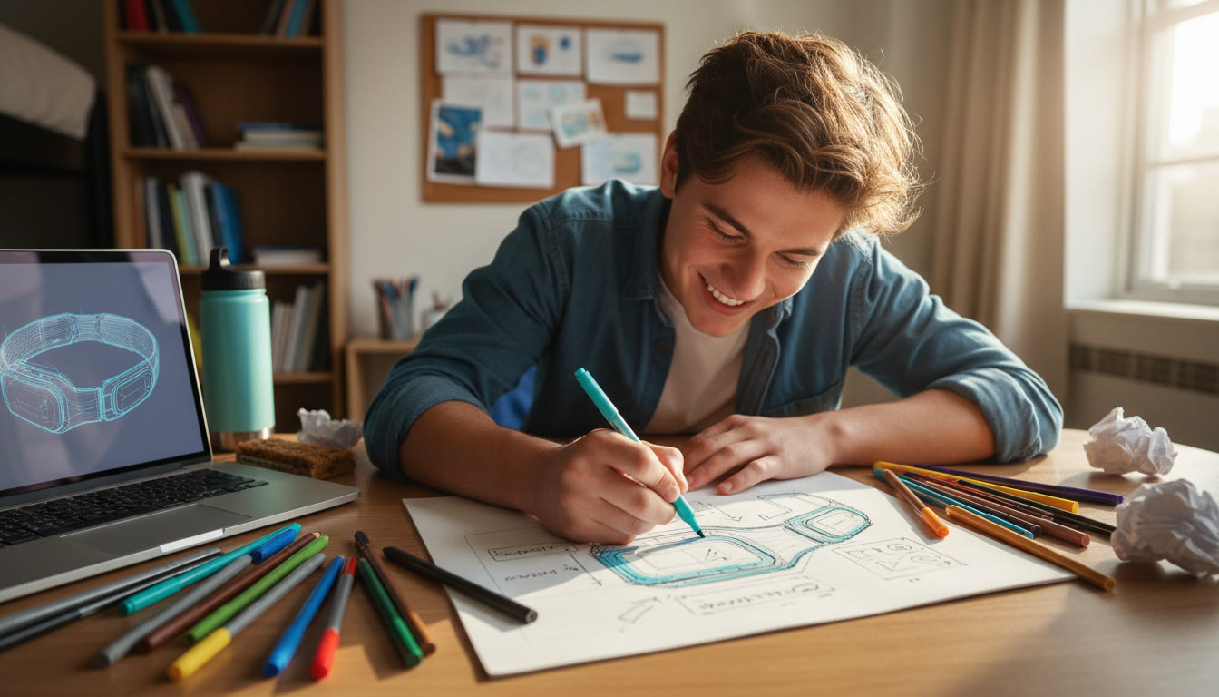 Photo Idea : Close-up of a student sketching a product prototype on a desk with colored pens and a laptop nearby