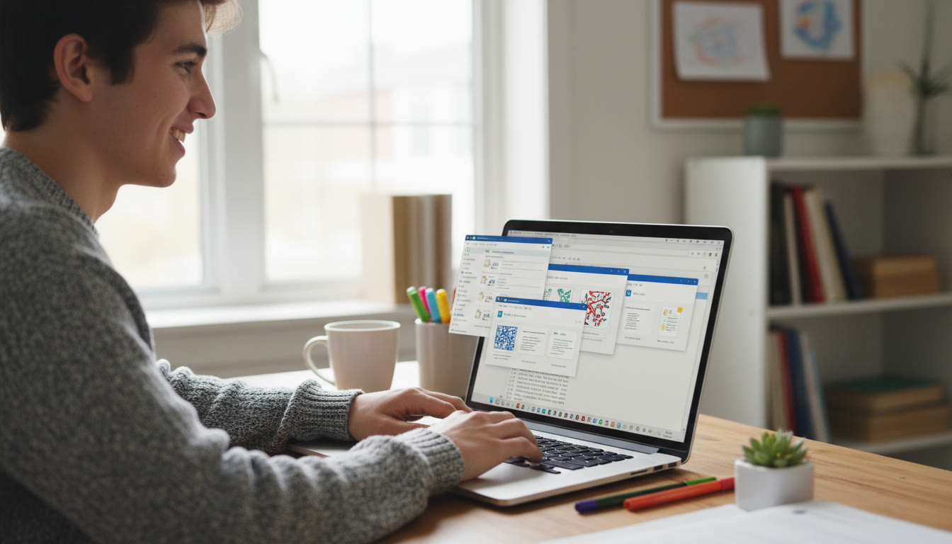 Photo Idea : A student preparing a neat digital folder structure on a laptop, with scanned certificates and a notes document open