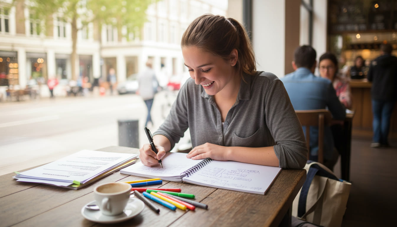 Photo Idea : A student writing an essay at a cafe table with a neat Extended Essay draft and colored pens