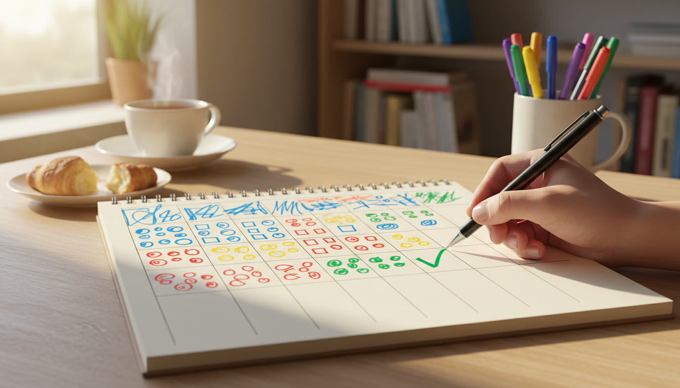 Photo Idea : A close up of a table with neat headers and coloured annotations showing data and a pen marking a final check