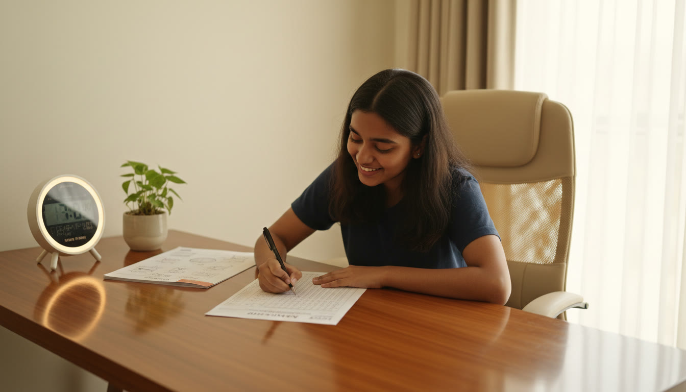 Photo Idea : A focused student taking a timed mock test at a desk with an OMR sheet and a visible clock.