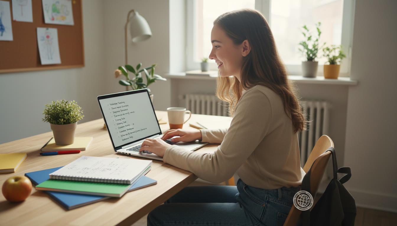 Photo Idea : Student at a desk typing an activity list on a laptop with notebooks and a CAS badge visible