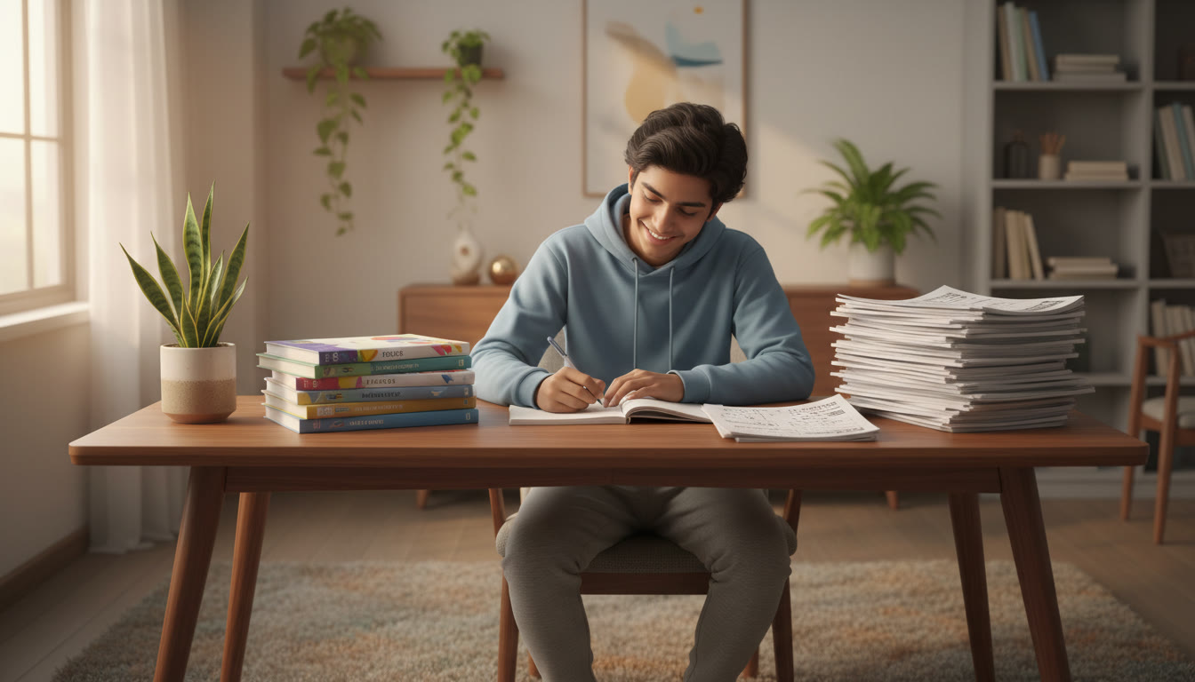 Photo Idea : A focused student at a desk with ICSE textbooks on one side and competitive exam practice sheets on the other