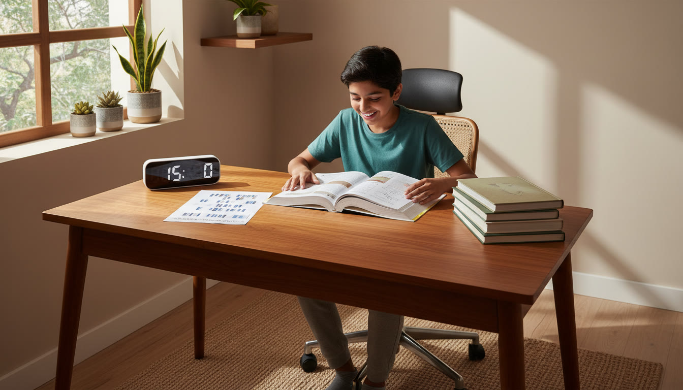 Photo Idea : Student at a desk with textbooks, a printed study plan, and a visible timer