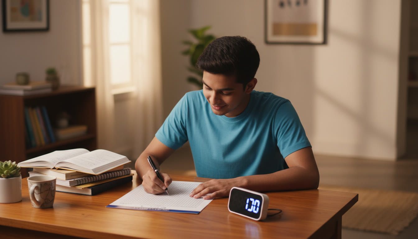 Photo Idea : Student calmly filling an OMR sheet with a digital timer and notebooks on the table