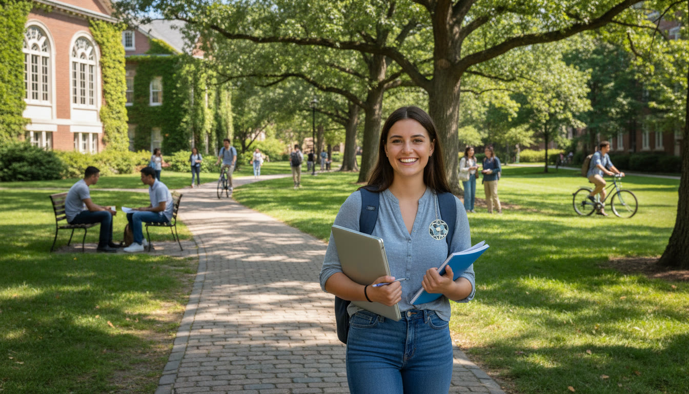 Photo Idea : Student walking through a leafy university campus with a laptop and notebook