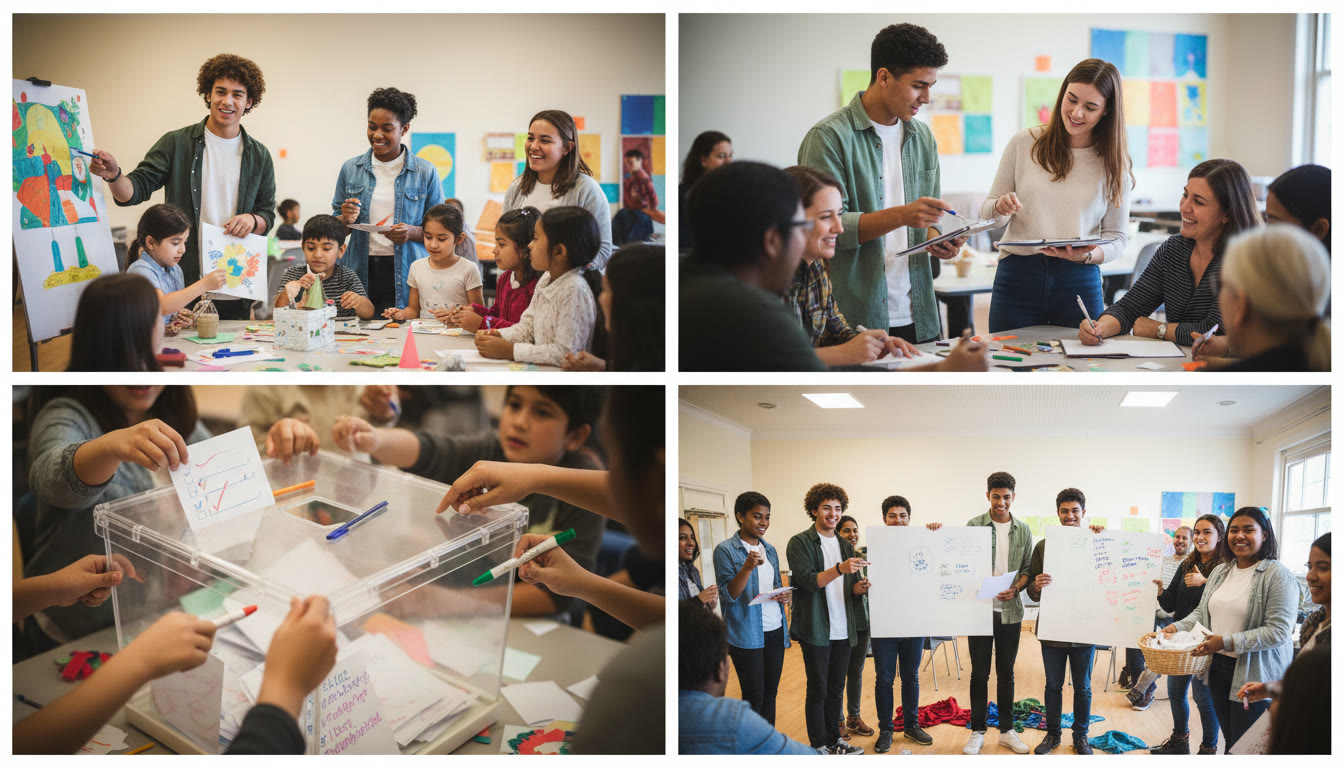 Photo Idea : Collage of photos showing students running a community workshop and collecting feedback forms