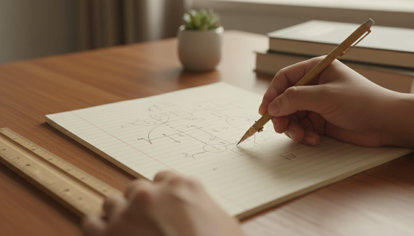 Photo Idea : Close-up of a hand drawing a labelled physics diagram with a ruler and compass on notebook paper