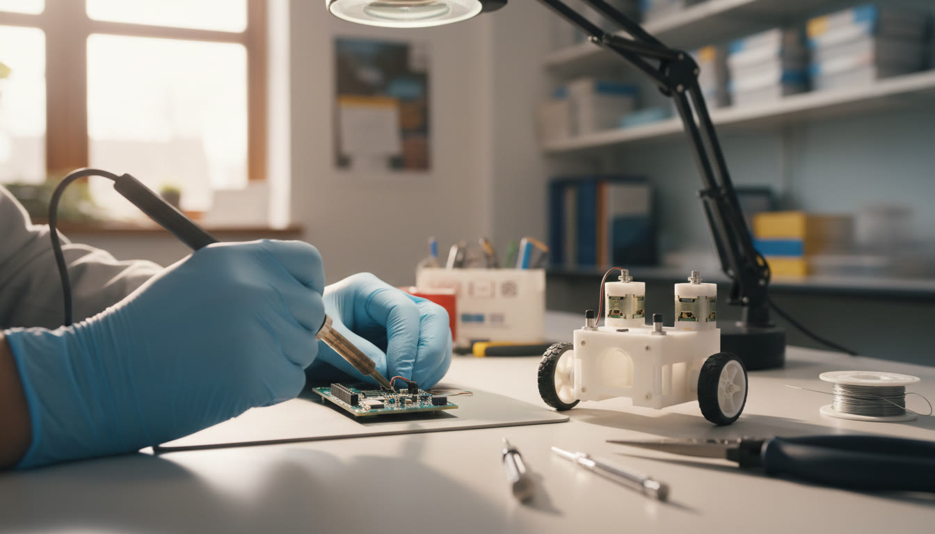 Photo Idea : close-up of hands soldering a small circuit board with a tiny robot chassis nearby