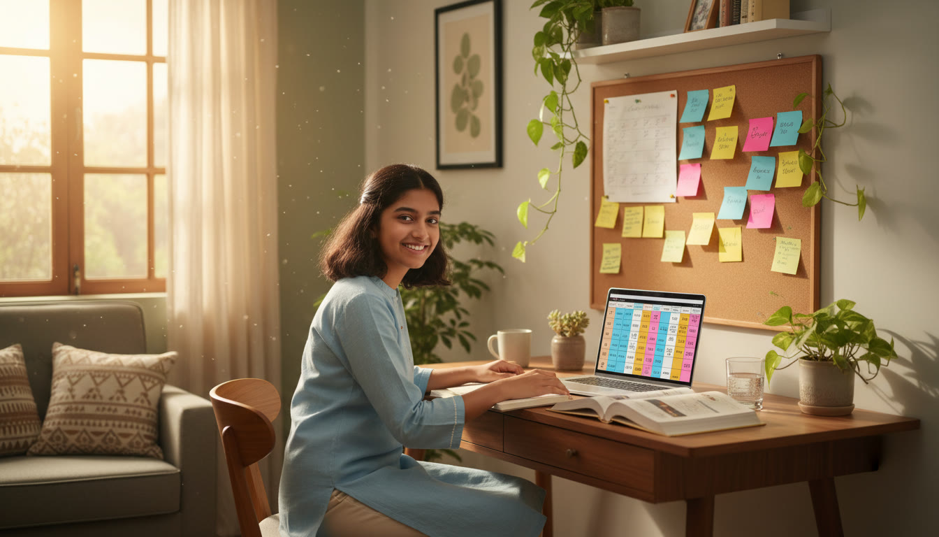 Photo Idea : A focused student at a desk with open textbooks, a laptop showing a timetable, and sticky notes on the wall