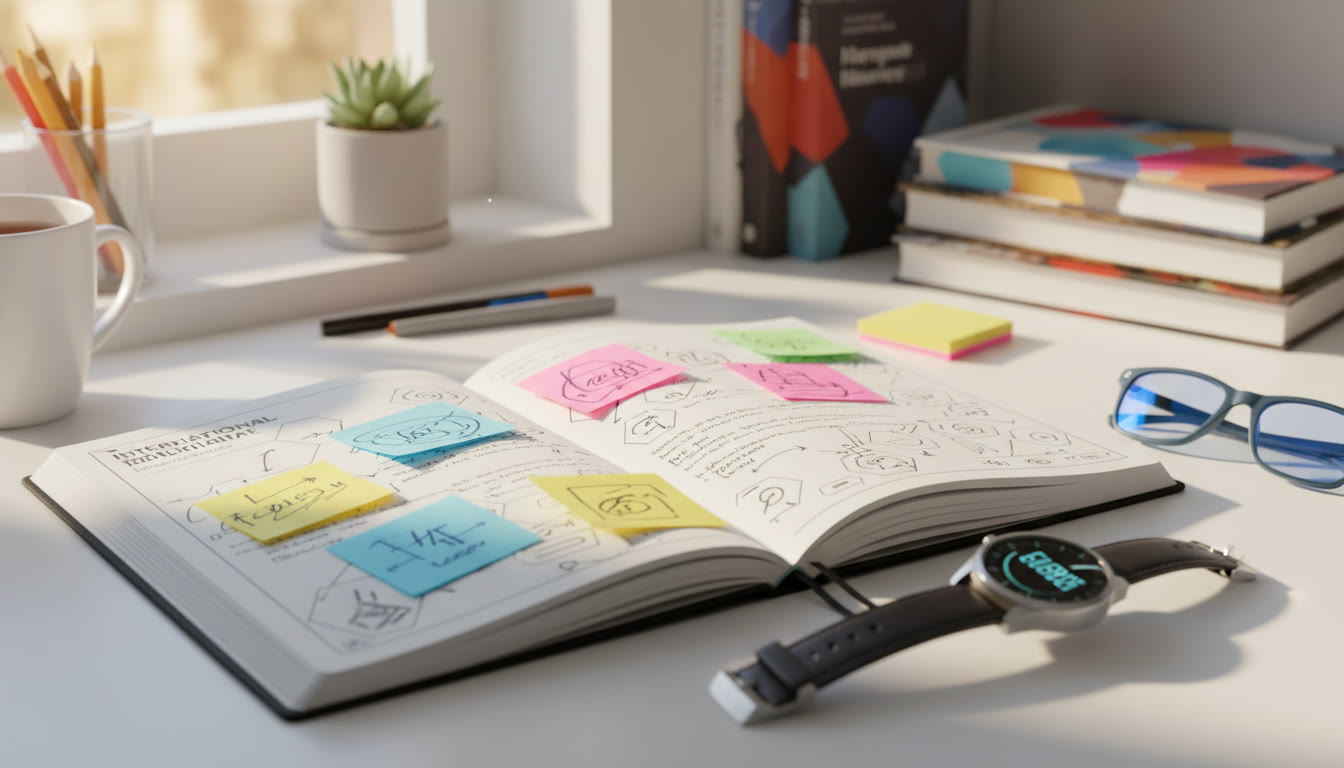 Photo Idea : A tidy study desk with an open IB notebook, colored sticky notes, and a wristwatch showing focused timing