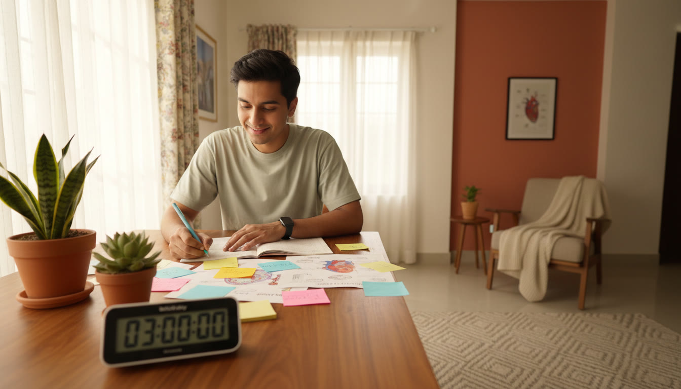 Photo Idea : A focused student at a desk with biology diagrams, colorful sticky notes, and a stopwatch set to three hours