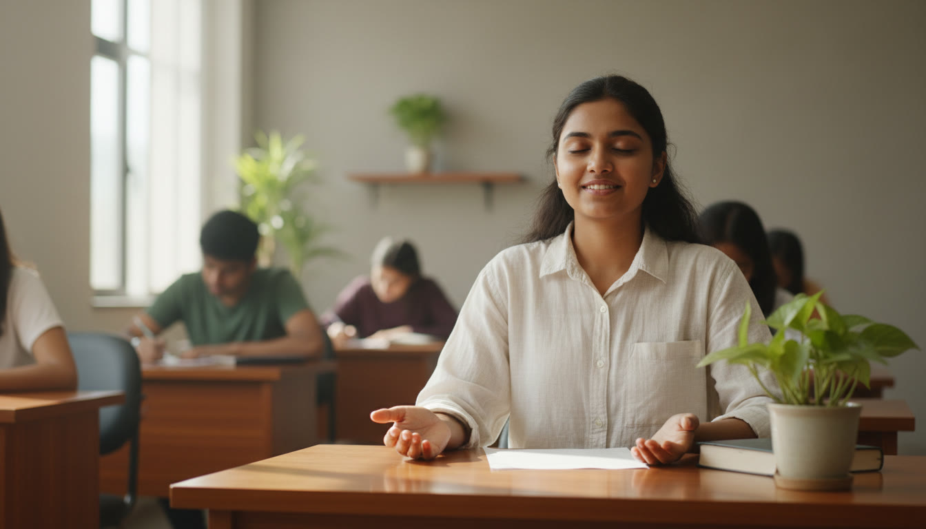 Photo Idea : A student doing a brief breathing exercise with closed eyes at the corner of an exam hall table.