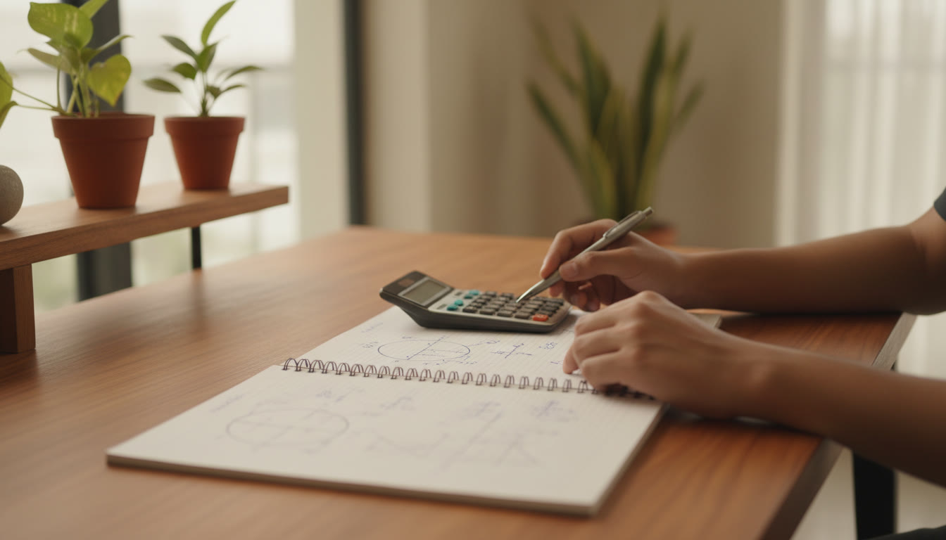 Photo Idea : Close-up of hands solving a physics problem with diagrams and a calculator on the table