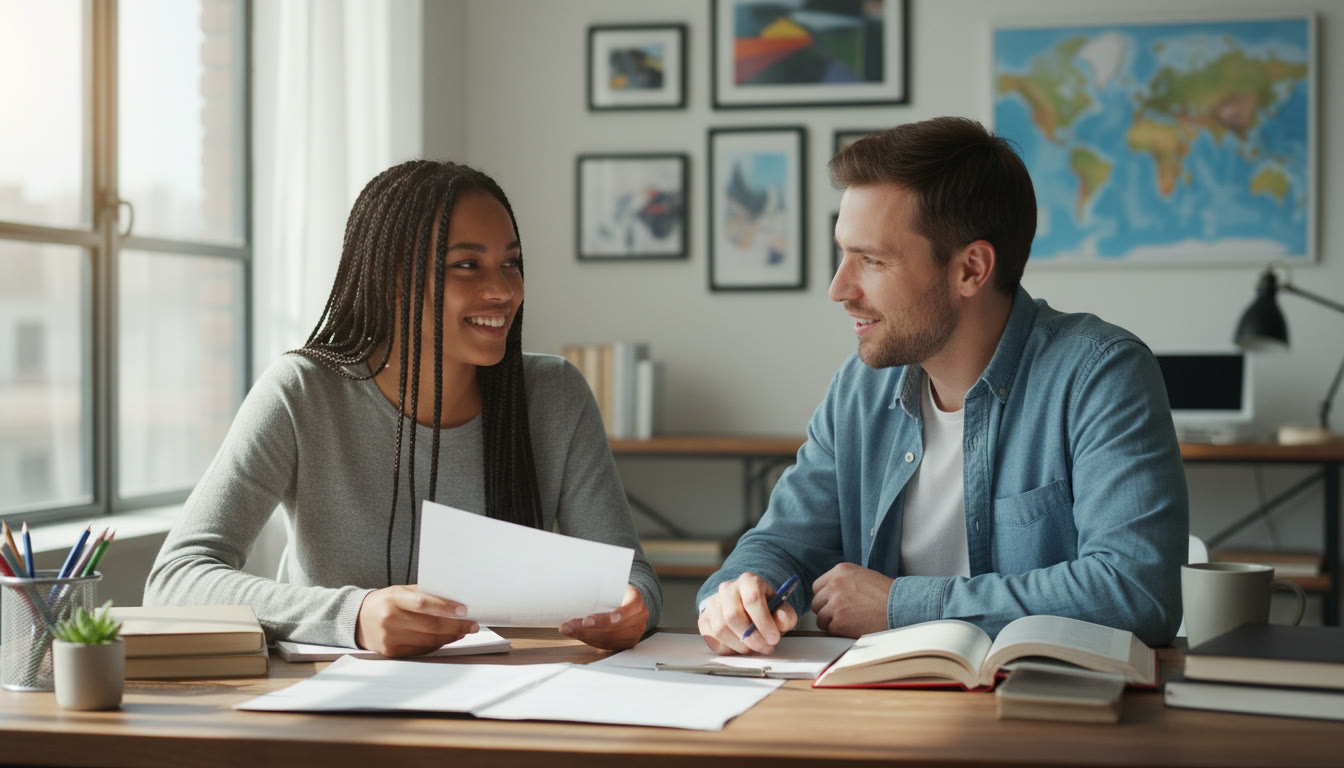 Photo Idea : Student and teacher sitting at a sunlit desk, talking over a slim packet of papers