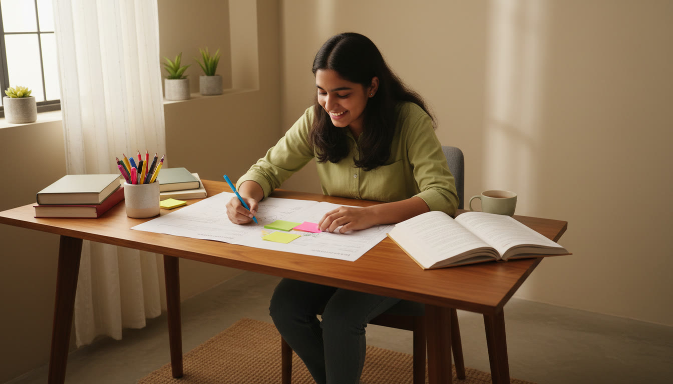 Photo Idea : Student sitting at a desk, marking a sample paper with colored pens and sticky notes