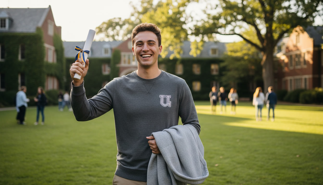 Photo Idea : A smiling student on a university quad holding an IB diploma and a university-branded sweater
