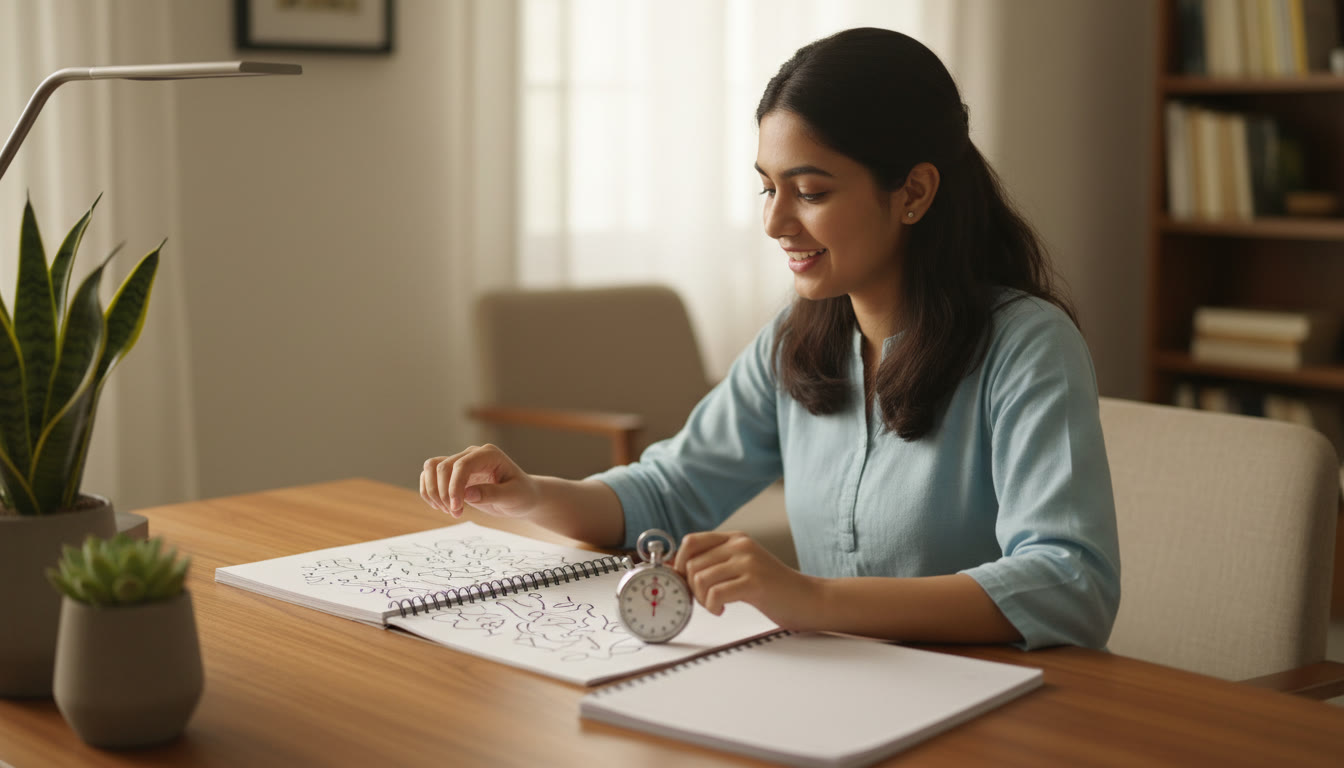 Photo Idea : Student taking a timed mock test at a desk with an answer booklet and stopwatch