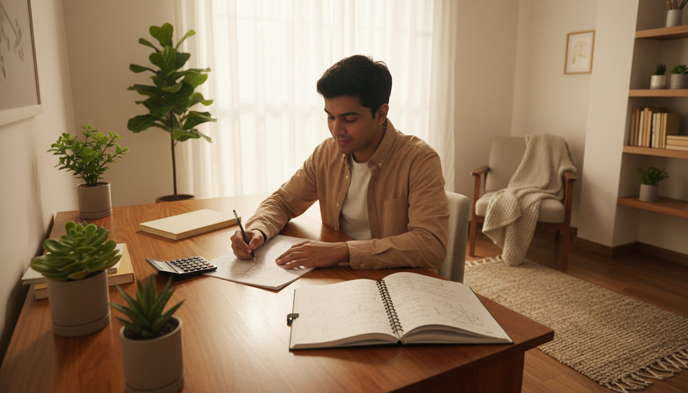 Photo Idea : A student solving physics problems on graph paper with a calculator and a notebook of worked examples.