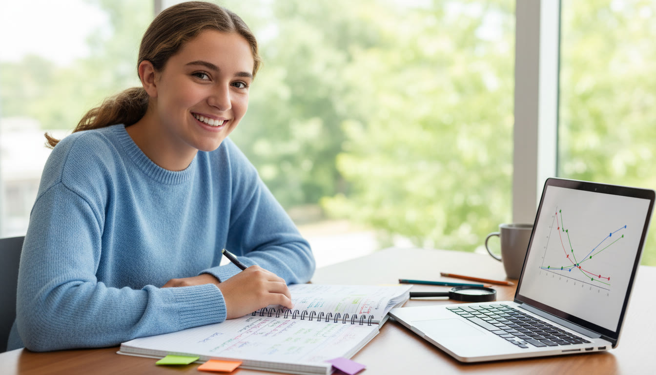 Photo Idea : Student reviewing a lab notebook with color-coded notes beside a laptop displaying a plotted graph